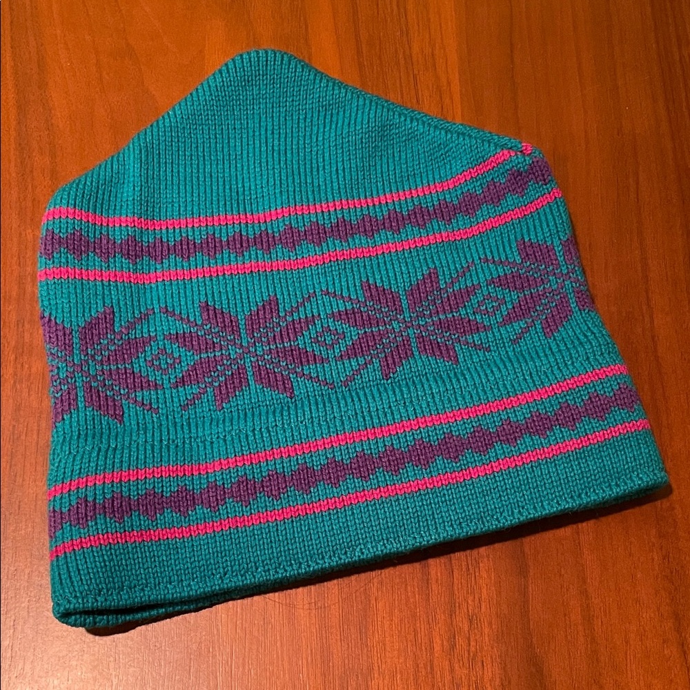 Teal and Pink Knit Wool Beanie
